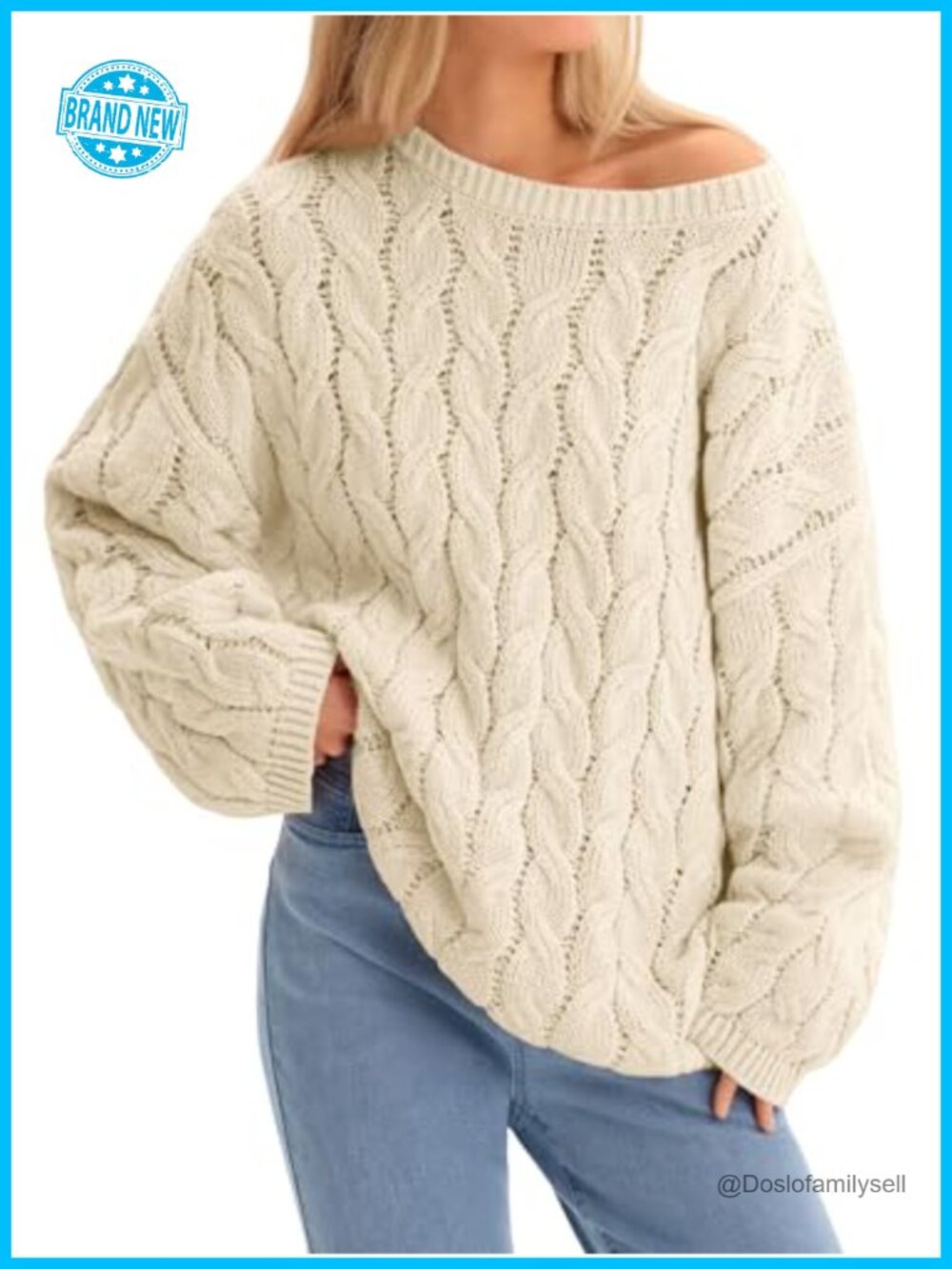 Oversized Cable Knit Sweater Long Sleeve Crewneck Chunky Pullover